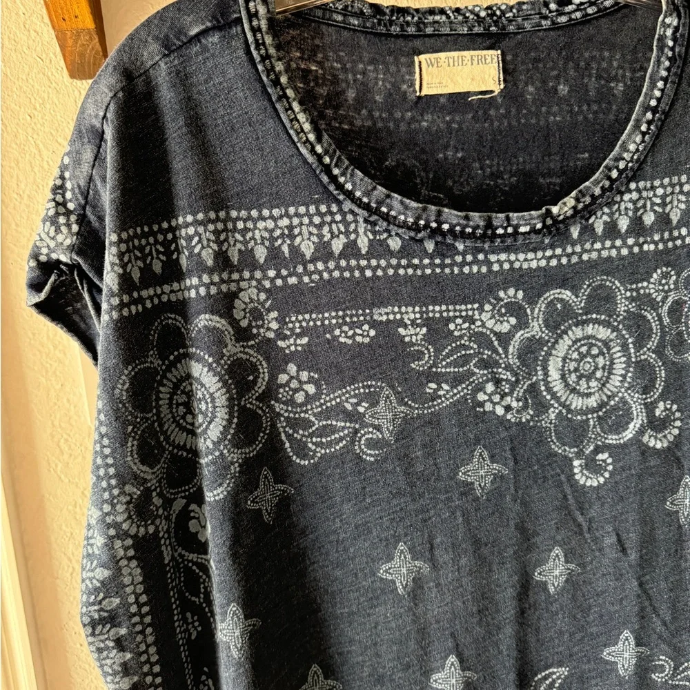 Free People Navy Blue Bandana Print Short Sleeve Tunic
